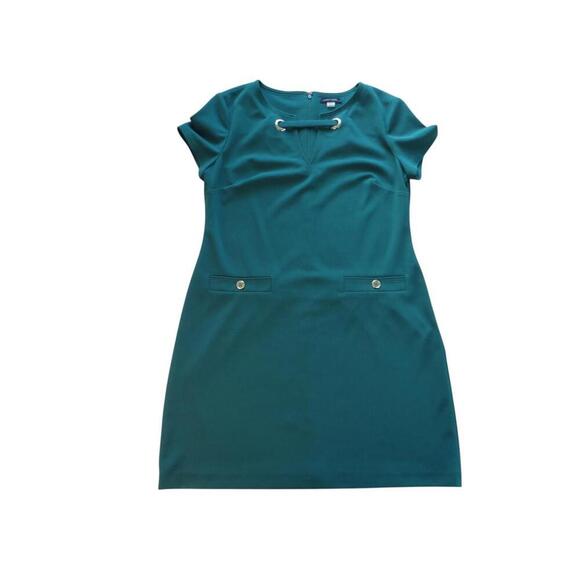 Elegant Teal Shift Dress with Decorated Neckline - Picture 2 of 7